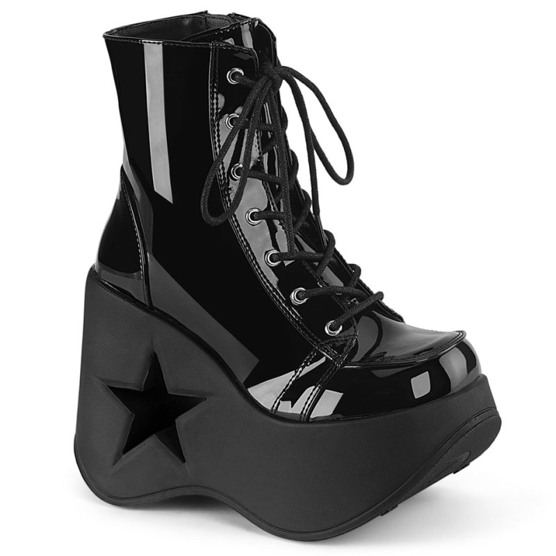 Demonia Dynamite 106 - Star Cutout Platform Wedge Lace Up Women Ankle Boots Black USA | CK2-70557D5