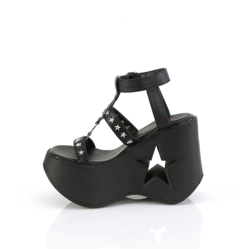 Demonia Dynamite 12 - Star Cutout Platform Wedge Wrap Around Ankle Strap Strappy Women Sandals Black USA | BX1-98049B8