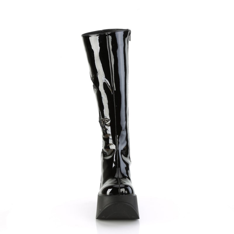 Demonia Dynamite 218 - Star Cutout Platform Wedge Women Knee-High Boots Black / Black Multicolor USA | CJ8-73747Y9