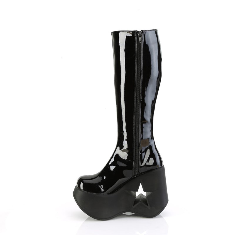 Demonia Dynamite 218 - Star Cutout Platform Wedge Women Knee-High Boots Black / Black Multicolor USA | CJ8-73747Y9