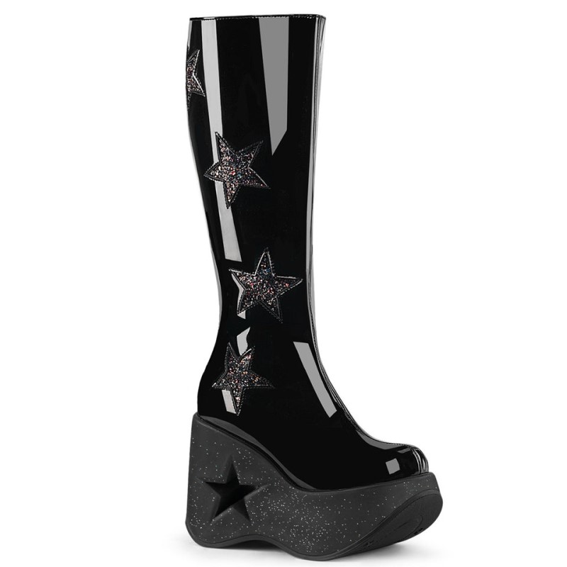 Demonia Dynamite 218 - Star Cutout Platform Wedge Women Knee-High Boots Black / Black Multicolor USA | CJ8-73747Y9