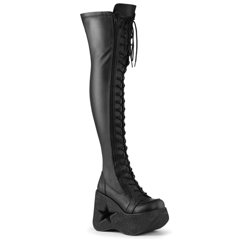 Demonia Dynamite 300 - Star Cutout Platform Wedge Lace Up Stretch Women Over-The-Knee Boots Black USA | OL3-38673G3