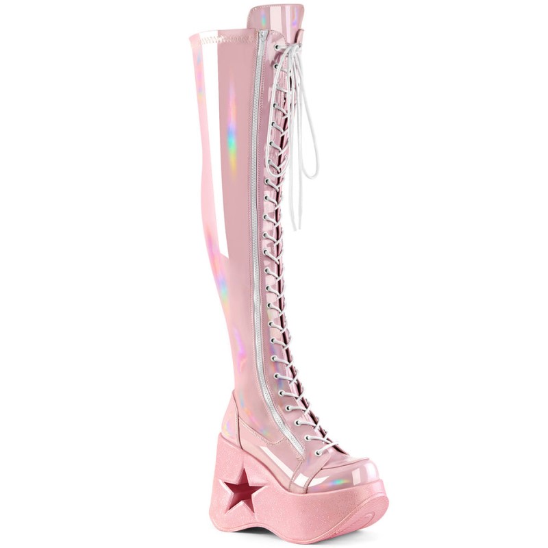 Demonia Dynamite 300 - Star Cutout Platform Wedge Lace Up Stretch Women Over-The-Knee Boots Pink USA | WJ3-67366D8