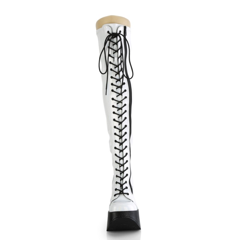 Demonia Dynamite 300 - Star Cutout Platform Wedge Lace Up Stretch Women Over-The-Knee Boots White USA | EZ5-13001O0