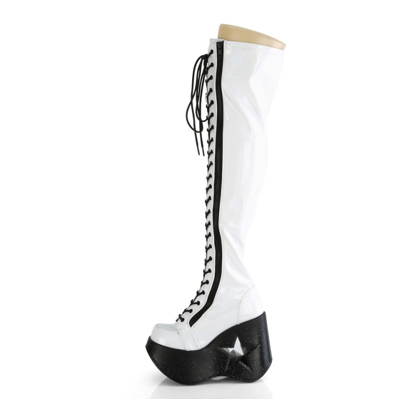 Demonia Dynamite 300 - Star Cutout Platform Wedge Lace Up Stretch Women Over-The-Knee Boots White USA | EZ5-13001O0