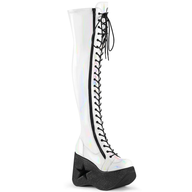 Demonia Dynamite 300 - Star Cutout Platform Wedge Lace Up Stretch Women Over-The-Knee Boots White USA | EZ5-13001O0