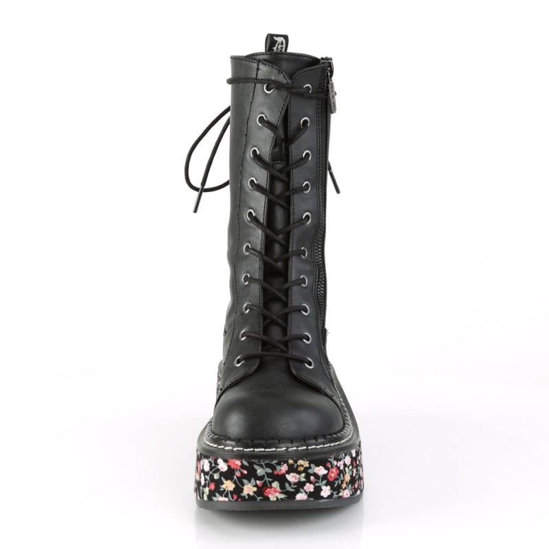 Demonia Emily 350 - Floral Fabric Wrapped Platform Lace Up Women Mid-Calf Boots Black / Flower USA | JU9-10031S8