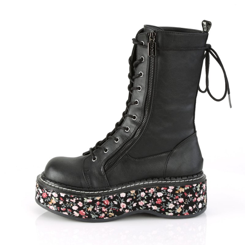 Demonia Emily 350 - Floral Fabric Wrapped Platform Lace Up Women Mid-Calf Boots Black / Flower USA | JU9-10031S8