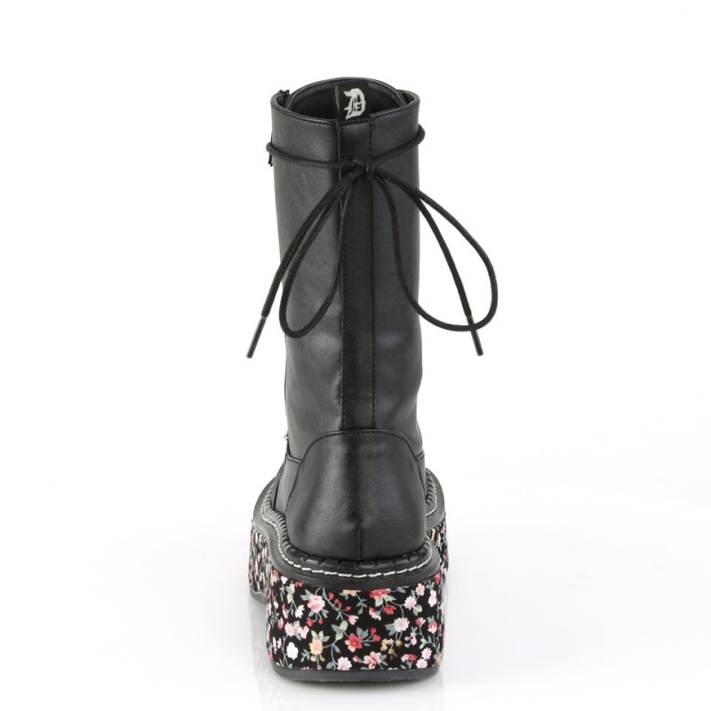 Demonia Emily 350 - Floral Fabric Wrapped Platform Lace Up Women Mid-Calf Boots Black / Flower USA | JU9-10031S8