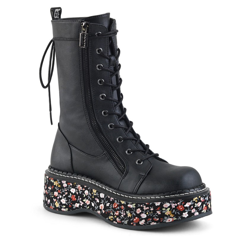 Demonia Emily 350 - Floral Fabric Wrapped Platform Lace Up Women Mid-Calf Boots Black / Flower USA | JU9-10031S8