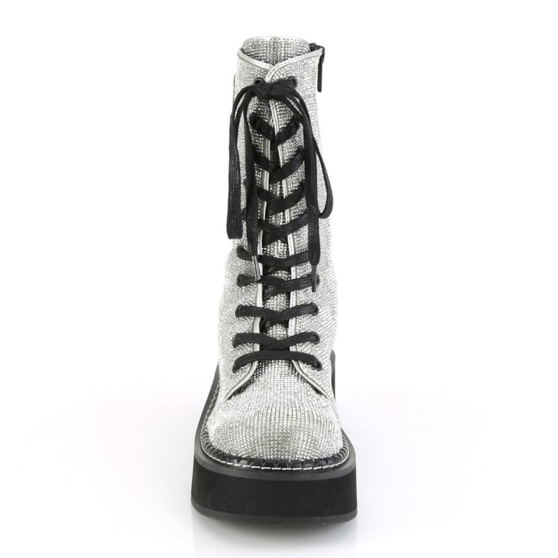 Demonia Emily 362 - Platform Lace Up Women Mid-Calf Boots Silver USA | FS8-37433B6