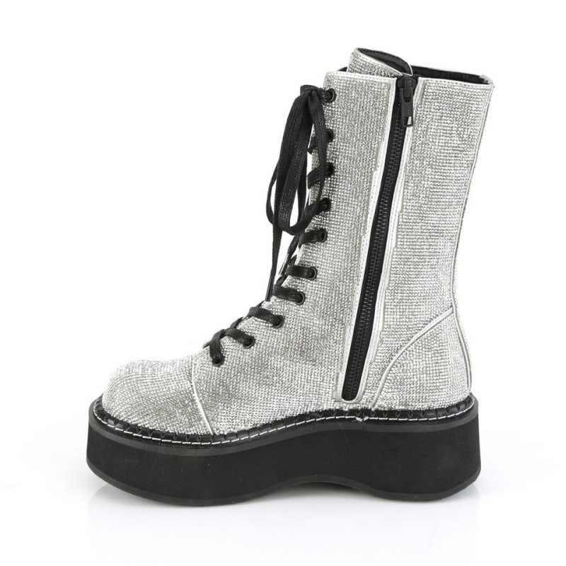 Demonia Emily 362 - Platform Lace Up Women Mid-Calf Boots Silver USA | FS8-37433B6