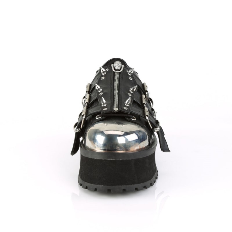 Demonia Gravedigger 03 - Platform Silver Chrome Plated Metal Toe Cap Lace Up Women Oxford Shoes Black USA | WN8-66966A3