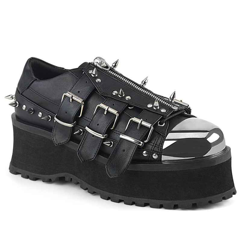 Demonia Gravedigger 03 - Platform Silver Chrome Plated Metal Toe Cap Lace Up Women Oxford Shoes Black USA | WN8-66966A3