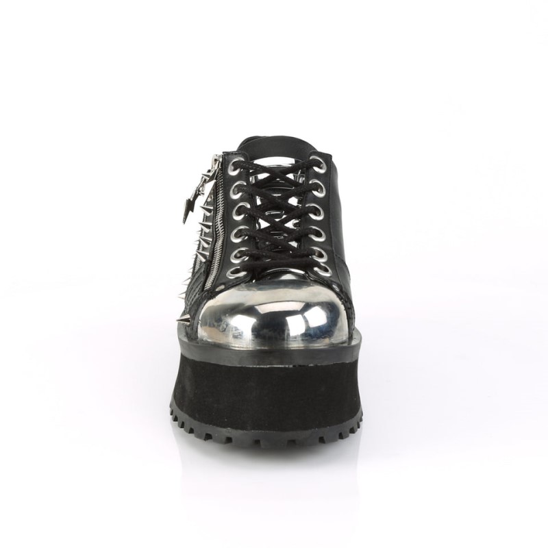 Demonia Gravedigger 04 - Platform Silver Chrome Plated Metal Toe Cap Lace Up Women Oxford Shoes Black USA | AK0-43524O4