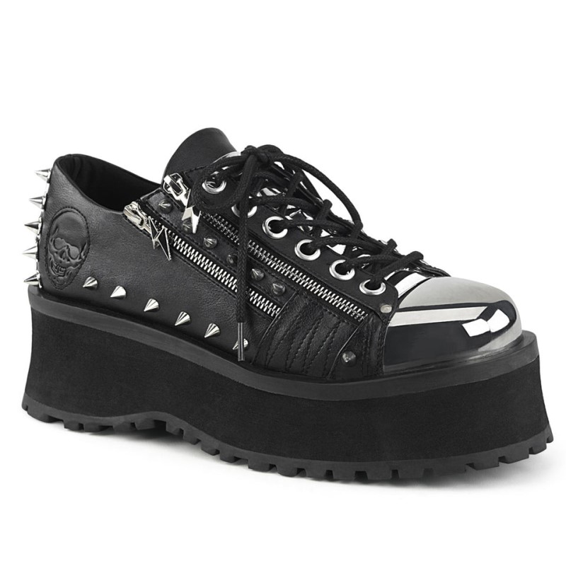 Demonia Gravedigger 04 - Platform Silver Chrome Plated Metal Toe Cap Lace Up Women Oxford Shoes Black USA | AK0-43524O4