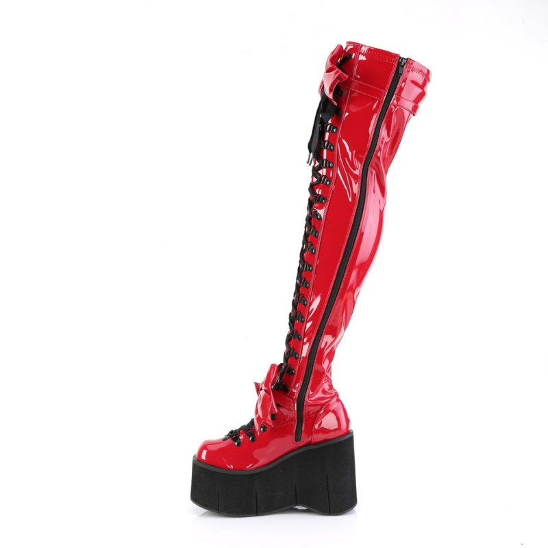 Demonia Kera 303 - Wedge Platform D-Ring Lace Up Women Over-The-Knee Boots Red USA | XF5-46174X4