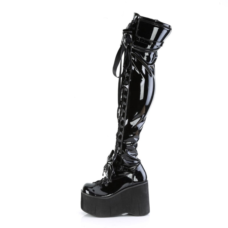 Demonia Kera 303 - Wedge Platform D-Ring Lace Up Women Over-The-Knee Boots Black USA | HZ4-17881H3