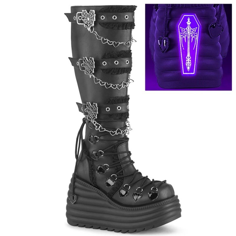 Demonia Morte 215 - Wedge Platform Women Knee-High Boots Black USA | KS5-40464J3