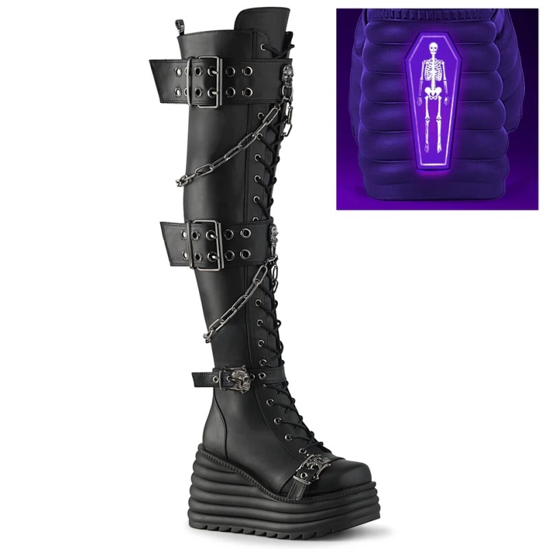 Demonia Morte 312 - Wedge Platform Lace Up Women Over-The-Knee Boots Black USA | UU0-16761P4