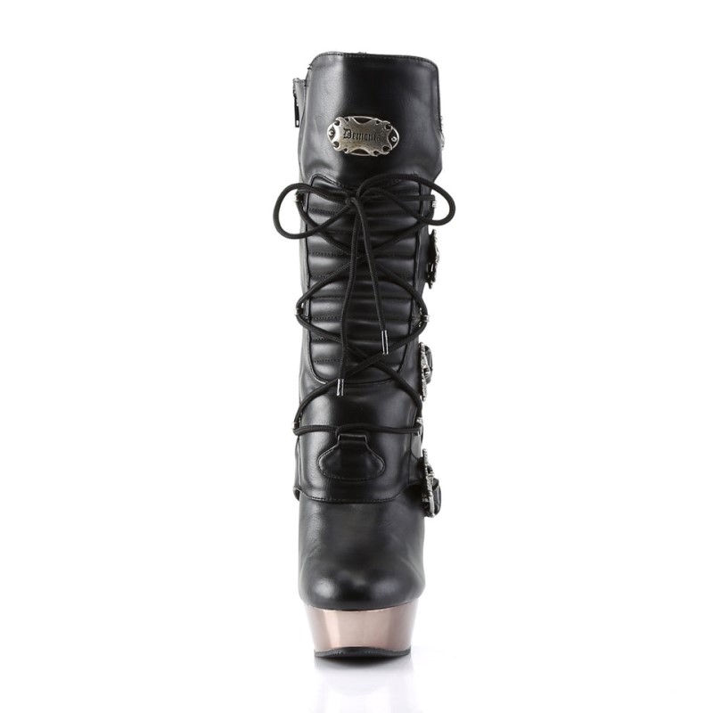 Demonia Muerto 1026 - Finger Bone Heel Platform Lace Up Calf Women Knee-High Boots Black USA | WT4-80508F3