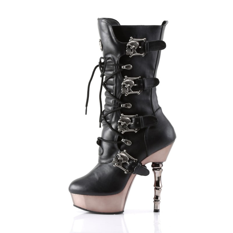 Demonia Muerto 1026 - Finger Bone Heel Platform Lace Up Calf Women Knee-High Boots Black USA | WT4-80508F3