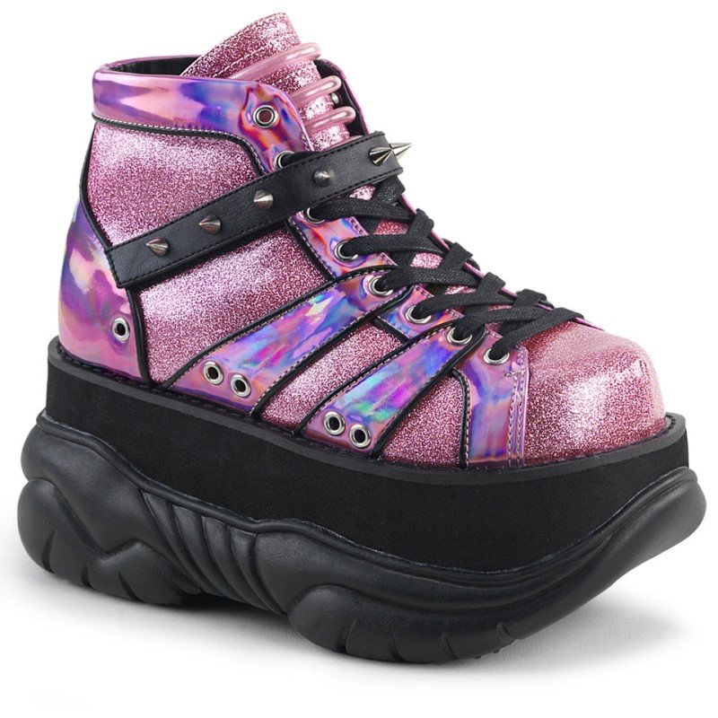 Demonia Neptune 100 - Platform Lace Up Women Ankle Boots Pink / Silver USA | VB1-58605S5