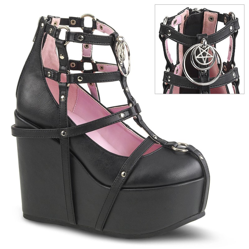 Demonia Poison 25 1 - Wedge Platform Cage Women Ankle Boots Black USA | JN0-06780U2