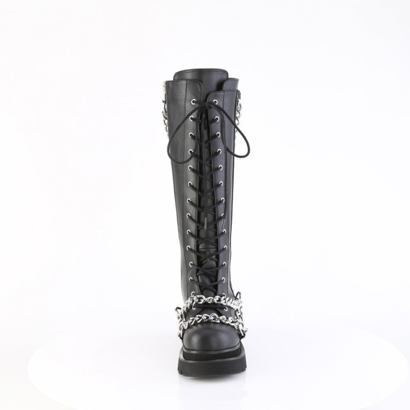 Demonia Renegade 215 - Tiered Platform Lace Up Women Knee-High Boots Black USA | SG7-37723I7