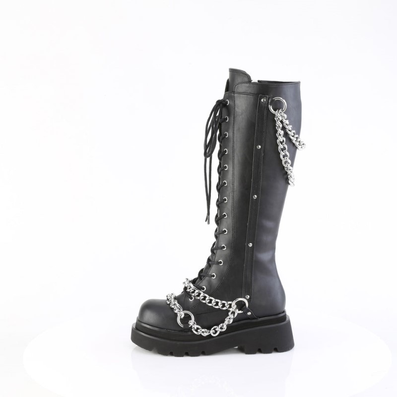 Demonia Renegade 215 - Tiered Platform Lace Up Women Knee-High Boots Black USA | SG7-37723I7