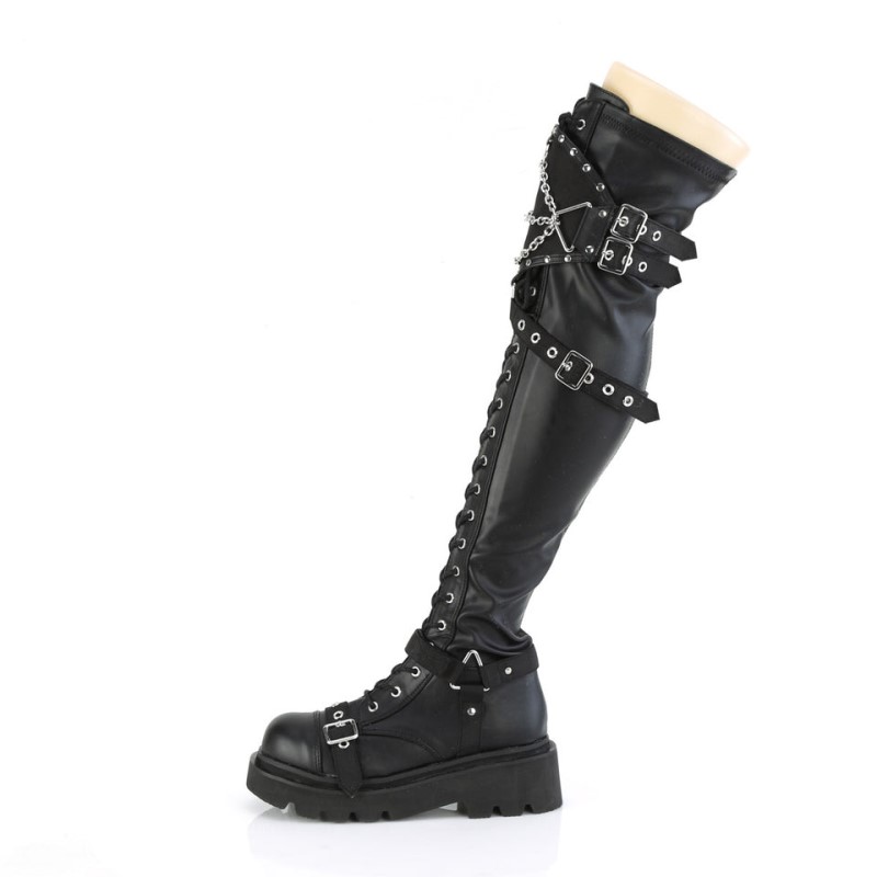 Demonia Renegade 320 - Tiered Platform Lace Up Women Over-The-Knee Boots Black USA | EY9-25502V6