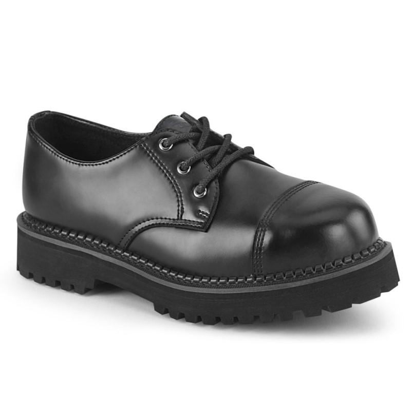 Demonia Riot 03 - Eyelet Leather Steel Toe Classic Women Oxford Shoes Black USA | GK7-19481A1