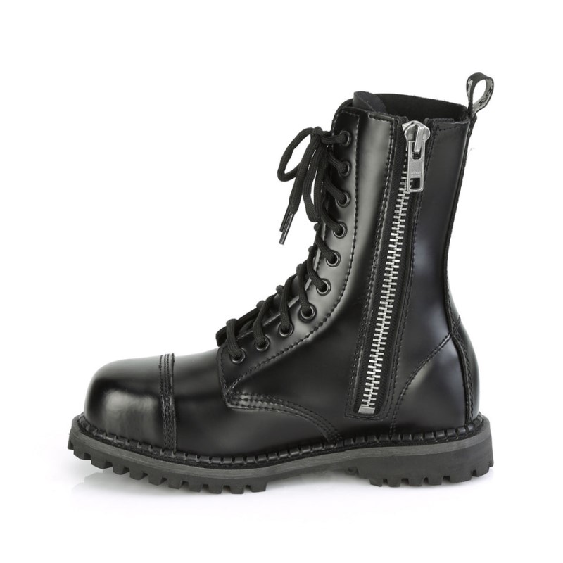 Demonia Riot 10 - Eyelet Leather Steel Toe Lace Up Women Ankle Boots Black USA | RA0-75947A8