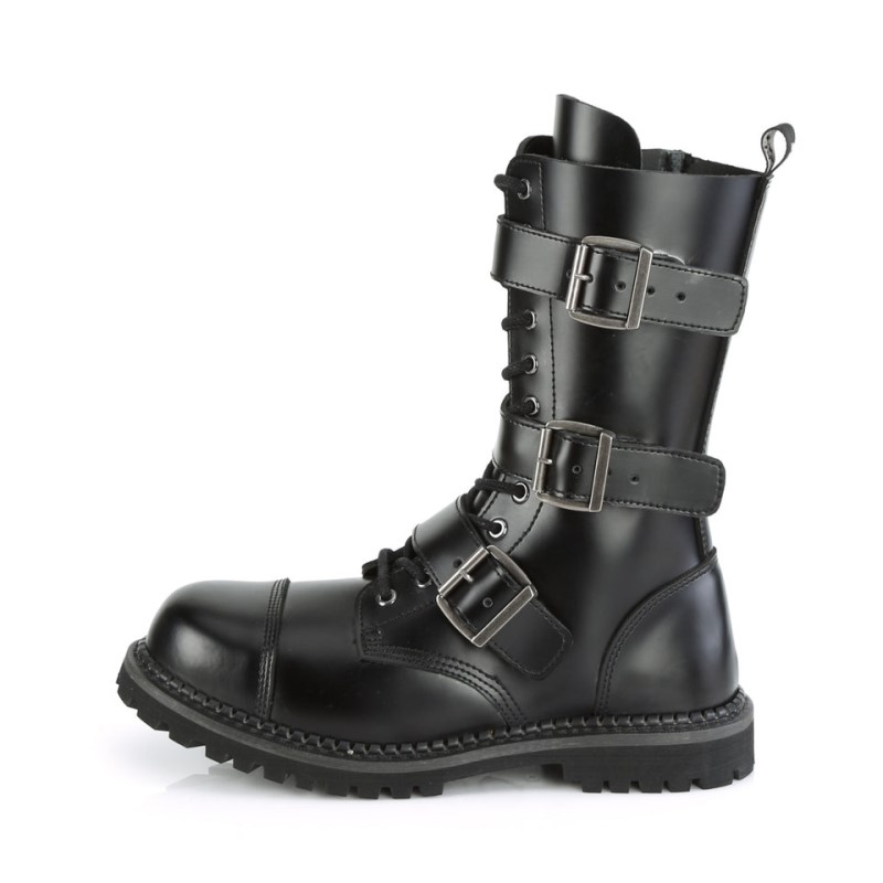 Demonia Riot 12bk - Eyelet Leather Steel Toe Lace Up Triple Buckle Women Ankle Boots Black USA | UK7-21192K5