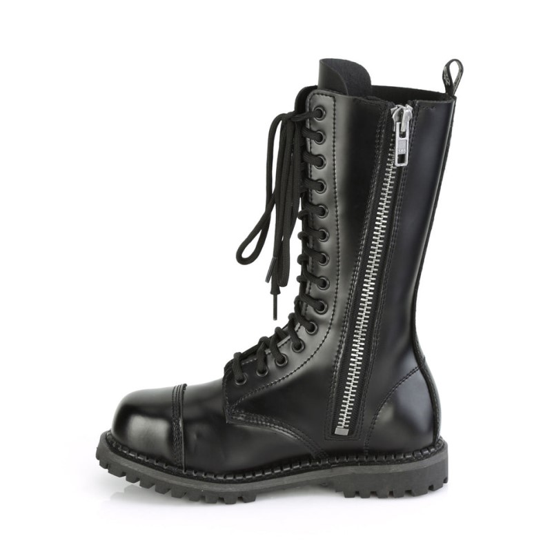 Demonia Riot 14 - Eyelet Leather Steel Toe Lace Up Women Mid-Calf Boots Black USA | EE5-48434C3