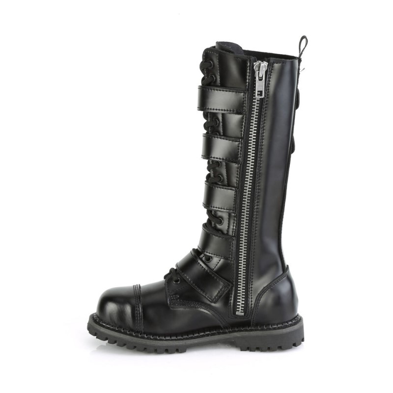 Demonia Riot 18bk - Eyelet Leather Steel Toe Lace Up 5 Buckle Women Knee-High Boots Black USA | NK6-54075T5