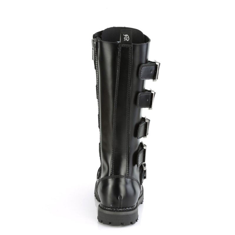 Demonia Riot 18bk - Eyelet Leather Steel Toe Lace Up 5 Buckle Women Knee-High Boots Black USA | NK6-54075T5