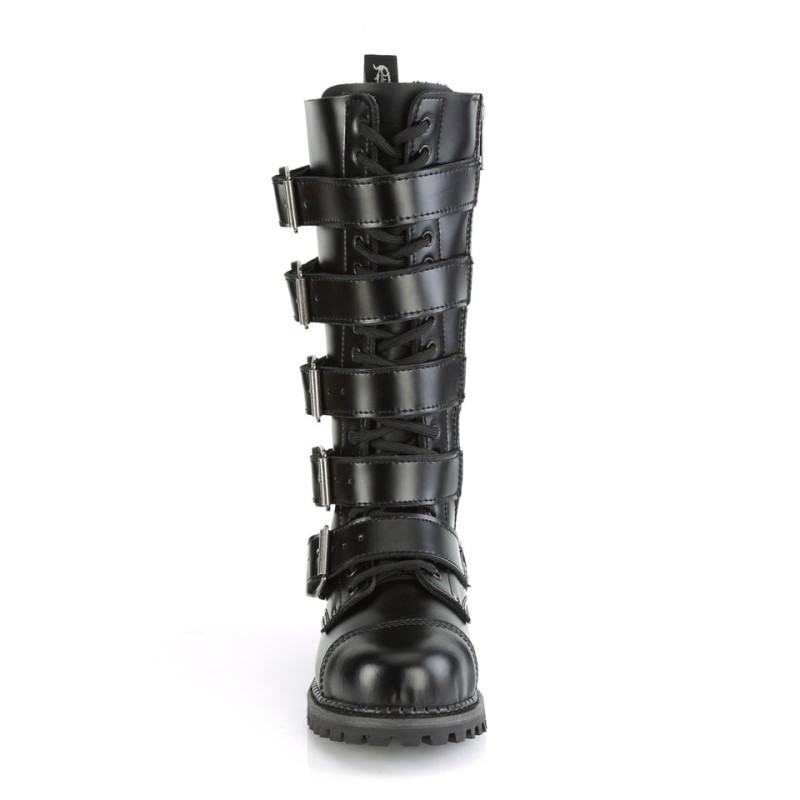 Demonia Riot 18bk - Eyelet Leather Steel Toe Lace Up 5 Buckle Men Knee-High Boots Black USA | KK8-20802C1