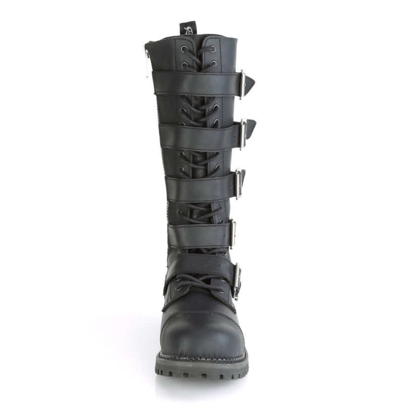 Demonia Riot 18bk - Eyelet Vegan Steel Toe Lace Up 5 Buckle Men Knee-High Boots Black USA | DP9-61446A1