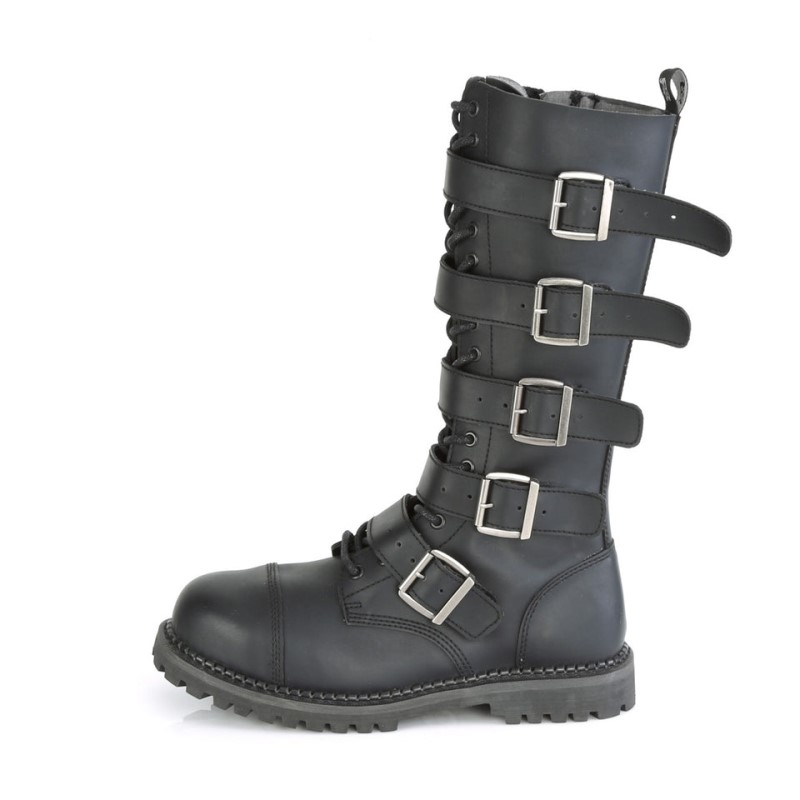 Demonia Riot 18bk - Eyelet Vegan Steel Toe Lace Up 5 Buckle Men Knee-High Boots Black USA | DP9-61446A1