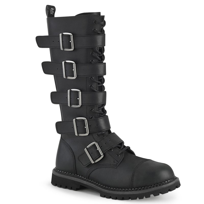 Demonia Riot 18bk - Eyelet Vegan Steel Toe Lace Up 5 Buckle Men Knee-High Boots Black USA | DP9-61446A1