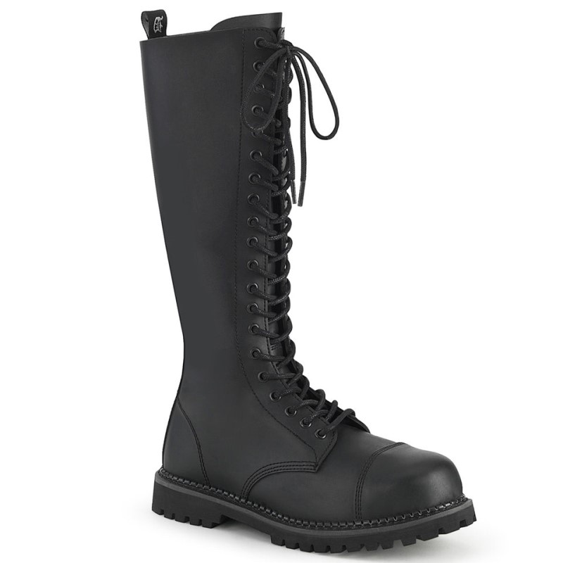 Demonia Riot 20 - Eyelet Vegan Steel Toe Lace Up Women Knee-High Boots Black USA | SM2-91409N6