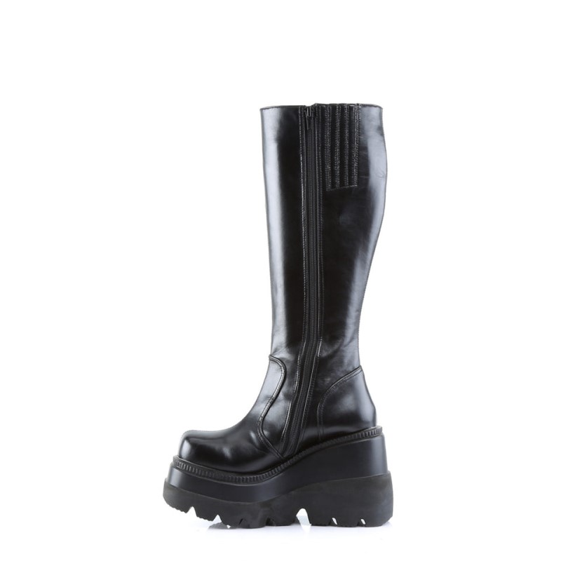 Demonia Shaker 100 - Stacked Wedge Platform Women Knee-High Boots Black USA | FQ3-28432A1