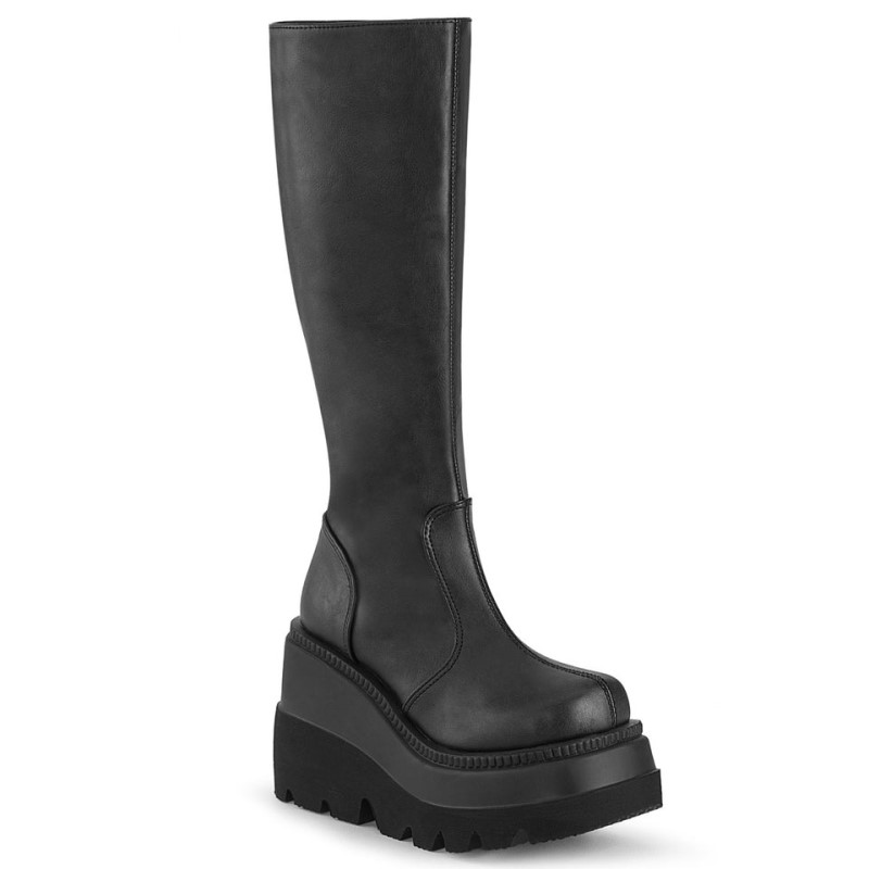 Demonia Shaker 100 - Stacked Wedge Platform Women Knee-High Boots Black USA | FQ3-28432A1