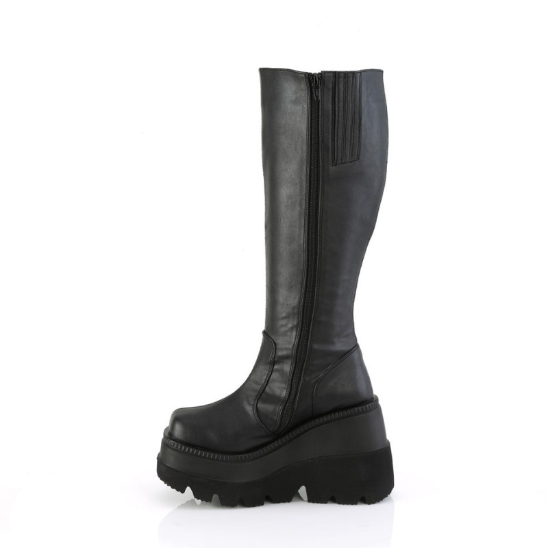 Demonia Shaker 100wc - Wedge Platform Wide Calf Women Knee-High Boots Black USA | XK5-38893B1