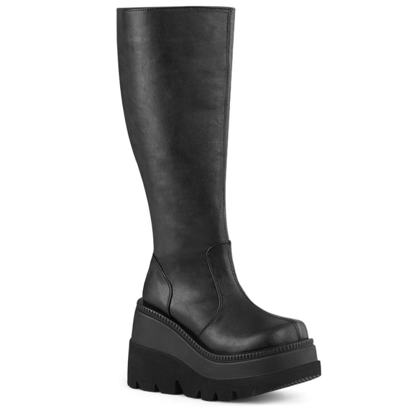 Demonia Shaker 100wc - Wedge Platform Wide Calf Women Knee-High Boots Black USA | XK5-38893B1