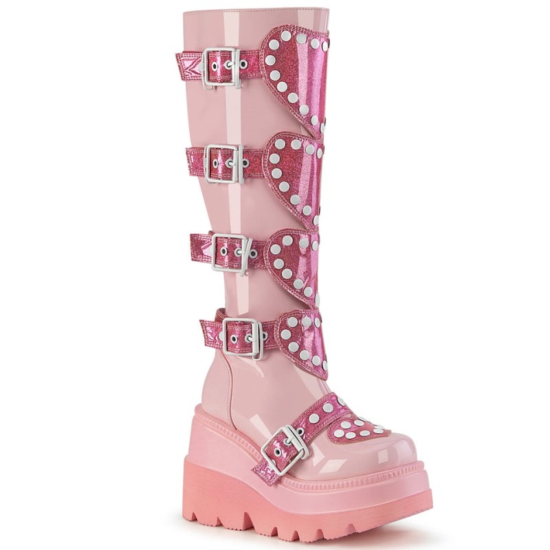 Demonia Shaker 210 - Wedge Platform Platform Women Knee-High Boots Pink USA | GE7-89728M9