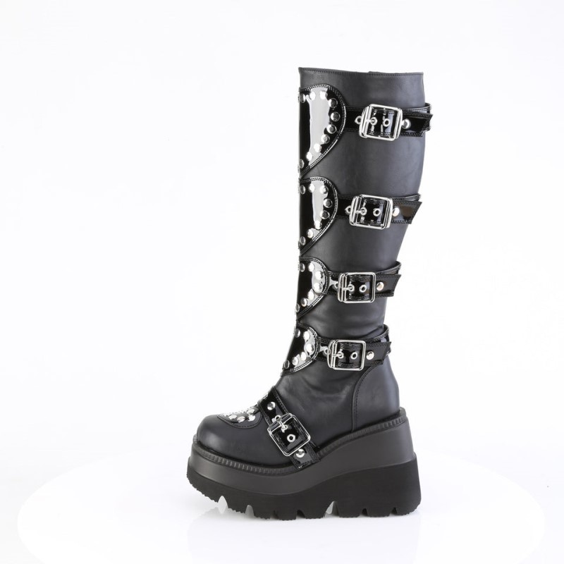 Demonia Shaker 210 - Wedge Platform Platform Women Knee-High Boots Black USA | UQ2-73667H6