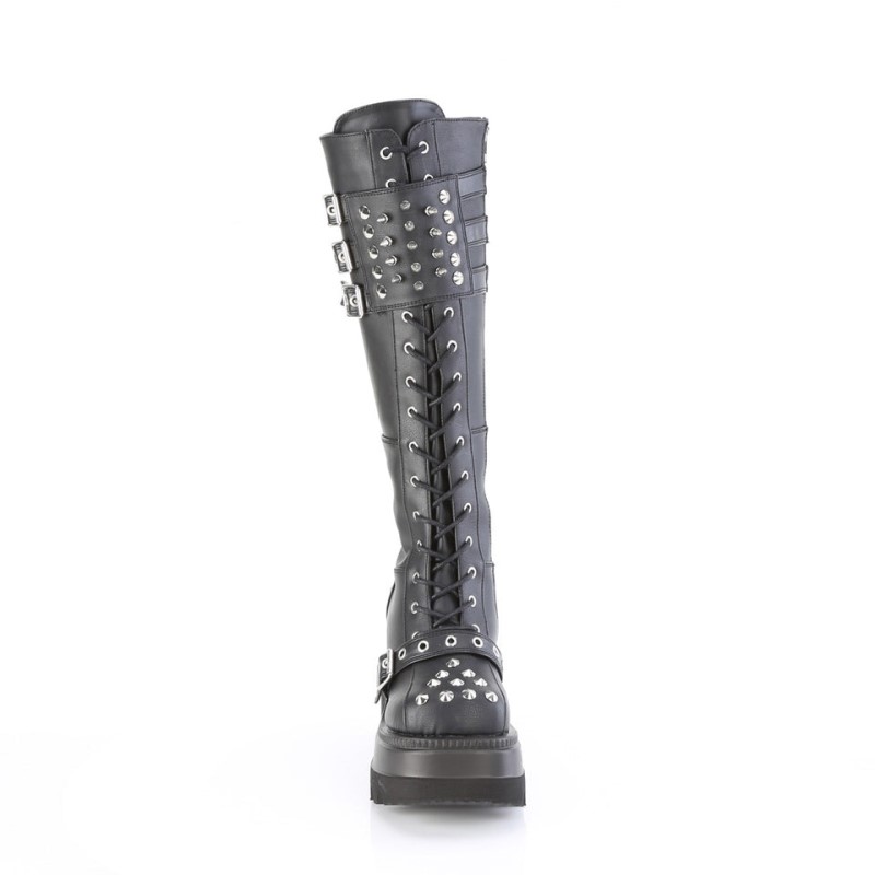 Demonia Shaker 225 - Wedge Platform Lace Up Women Knee-High Boots Black USA | XC3-88248D9