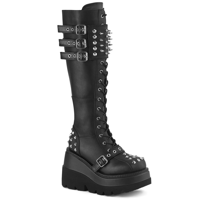 Demonia Shaker 225 - Wedge Platform Lace Up Women Knee-High Boots Black USA | XC3-88248D9